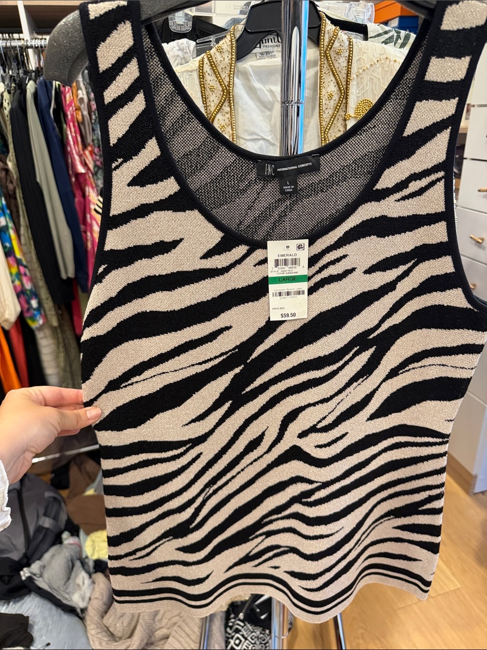INC International Concepts Black & Cream Zebra-Print Knit Tank with gold sparkle